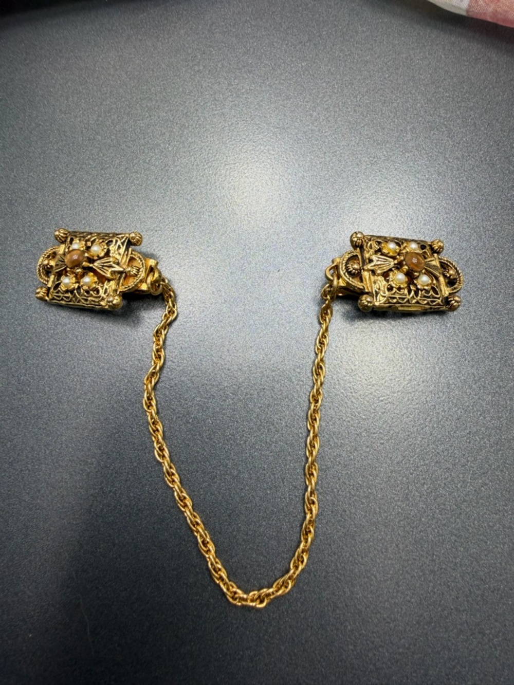 Vintage Gold Filigree Sweater Guard with Pearls and Tigers Eye. #1SG
